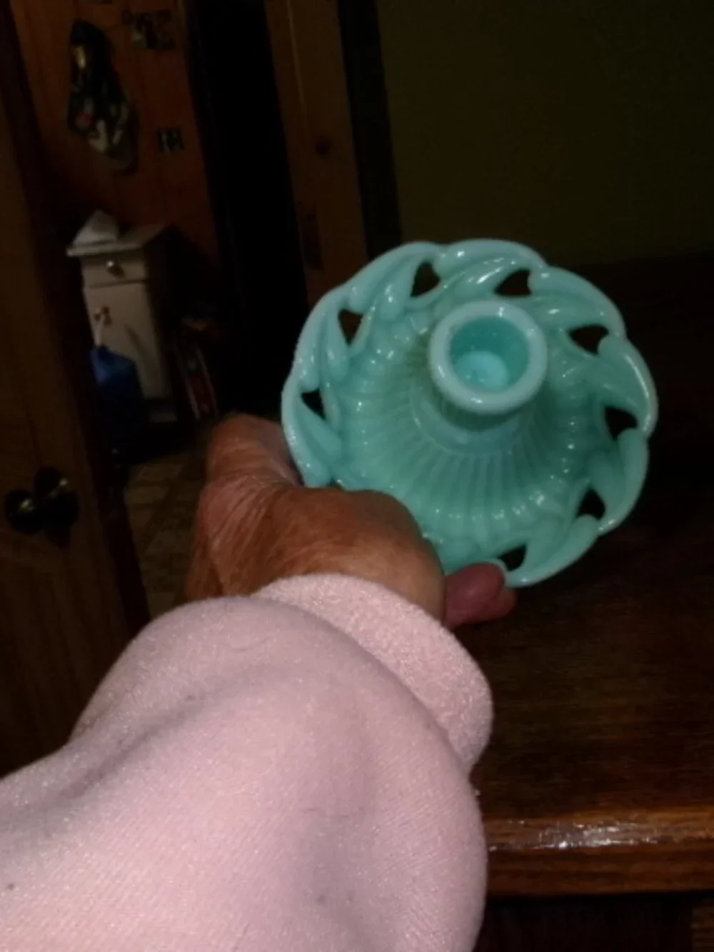 Fostoria Bestsy Ross Aqua blue milk glass pair of candleholders 1950s - Picture 3 of 5